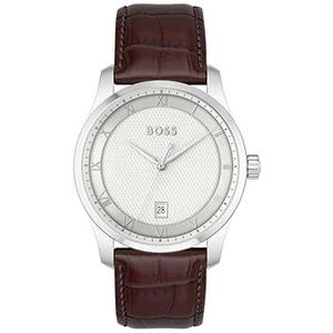 BOSS Herenhorloge, analoog, kwarts, collectie Principe met leren band, verkrijgbaar in zwart of bruin, zilver., jurk, zilver., Stijlvol