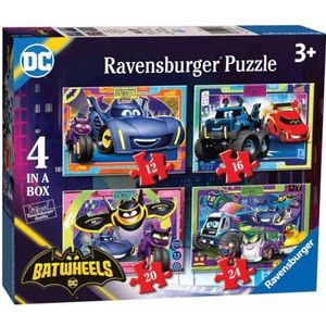 Ravensburger Batwheels 4 puzzels in 12, 16, 20, 24 stukjes, DC superhelden, kinderpuzzel voor kinderen vanaf 3 jaar, 70 x 50 cm