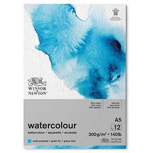 Winsor & Newton 6667008 aquarelpapier, gemaakt van een mix van 25% katoen en cellulosevezels, licht natuurlijk wit, DIN A5-12 klassiek vel, 300 g/m²