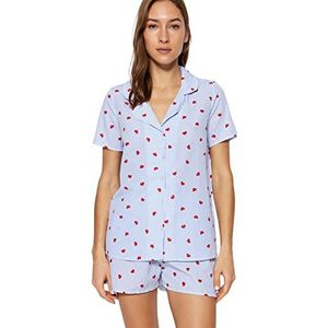 Trendyol Dames geometrisch patroon knoop gedetailleerd midden geweven overhemd - korte pyjama set (Pack van 2), Blauw, 62