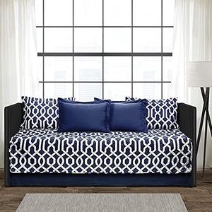 Lush Decor Marineblauw en wit Edward trellis patroon 6-delige dagbed cover set inclusief bedrok, kussenshams en hoesjes, 75"" X 39