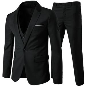 Allthemen driedelig herenpak, voor bruidegom, slim fit, colbert met één knoop, formeel, colbert, gilet en broek, zwart., M