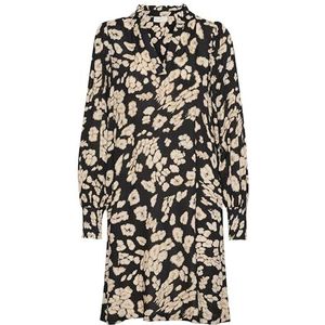 KAFFE Damesjurk, lange mouwen, abbove, knie, lengte, A-lijn, V-hals, notch-hals, Zwart/Sand Leo Print, 42