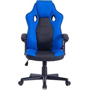 HOGAR24 ES Gaming-stoel, ergonomisch, speciaal voor videogames, kunstleer, gevoerd, hoogte en helling verstelbaar, zwart en blauw