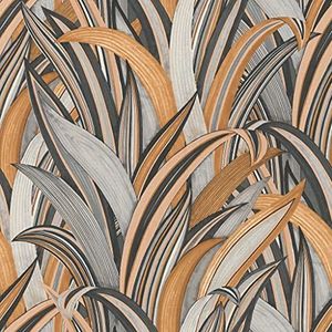 Rasch Behang 541274 uit de collectie Amazing-vliesbehang met bladermotief in cognac-bruin, antraciet en licht grijs met textielstructuur - 10,05 m x 53 cm (L x B) behang