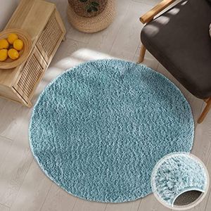 carpet city Hoogpolig tapijt woonkamer - effen blauw - 160x160 cm rond - shaggy tapijt hoogpolige Uni - slaapkamer tapijt pluizig zacht - moderne woonkamertapijten