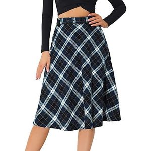 Allegra K Damesrok, donkerblauw, geruit, M (taille: 67 cm), midi, hoge taille, casual, herfst/winter, blauw en wit., M