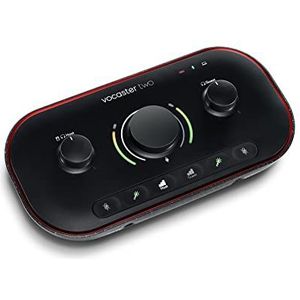 Focusrite Vocaster Two Podcasting interface voor opnames, presentator en gast 2 microfooninputs en 2 hoofdtelefoonoutputs, met automatische volumeregeling, verbeterings- en dempknop. Klein, licht en aangedreven door computer.