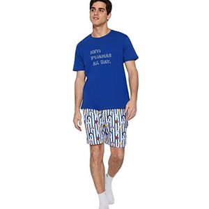 Trendyol Uniseks slogan gebreide T-shirt-korte pyjamaset, donkerblauw, L, Donkerblauw, L