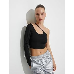 Koton Dames One Shoulder Crop Sports T-shirt Lange Mouwen Strap Detail Slim Fit Cut Bra, zwart (999), M