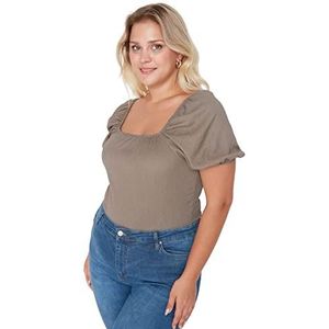 Trendyol Vrouwen vrouw slanke Bodycon vierkante kraag breien plus grootte blouse shirt, nertsen kleur, XL, Mink Kleur, XL