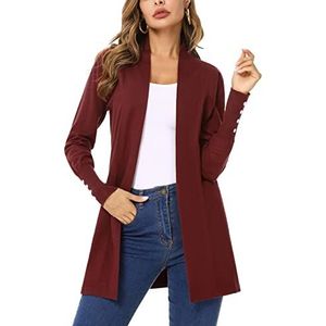 Irevial Gebreid damesvest met lange mouwen, cardigan, licht, fijn gebreid jack, elegant, unikleur, casual, normale trui, mantel met open voorkant, gebreide trui, outwear, lang, S-XXL, wijnrood, XL