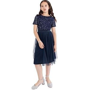 Maya Deluxe Meisjesjurk voor bruiloft met lovertjes verfraaiing korte mouw prom verjaardagsfeestje bruidsmeisje, marine, 5-6 jaar, marineblauw, 5-6 jaar