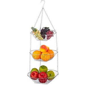 Relaxdays hangende fruitmand 3 etages, voor aan het plafond, ruimtebesparend, staal, draad hangmand, zilverkleurig