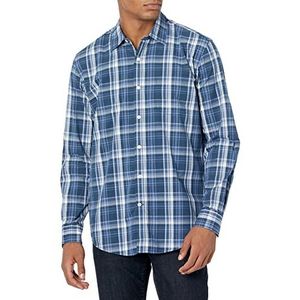 Amazon Essentials Men's Casual poplin overhemd met normale pasvorm en lange mouwen, Marineblauw Middelgroot geruit, XS