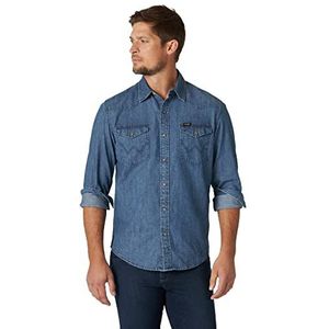 Wrangler Iconic Denim Regular Fit Snap Shirt met button-down-kraag voor heren, Mid Tint Denim, L