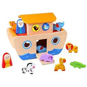 Tooky Toy Noah's Ark van hout met kleurrijke dieren en bouwstenen - 18-delig houten speelgoed voor creatief rollenspel en bevordert het grijp- en denkvermogen van je kind - ca. 26 x 19 x 14 cm