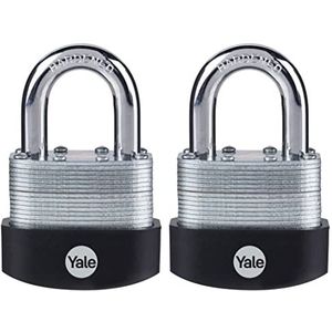 Yale 2 stuks 2-3/16 inch breed gelamineerd hangslot met 1-3/16 inch beugel en 3 gelijke sleutels met sleutels voor buitenpoort, hek, opslag