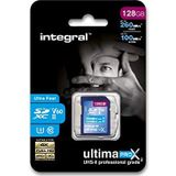 Geheugenkaart SD xC 128 GB UltimaPro X2 Ultra High Speed tot 260 MB/s lezen, 100 MB/s schrijven, video-opname 4 K, 8 K, 360, 3D, klasse 10, UHS-II, U3, V60, by Integral Memory