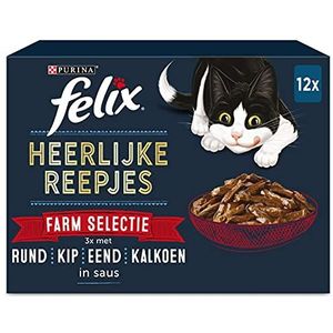 Felix Heerlijke Reepjes Farm Selectie Kattenvoer, Natvoer met Rund, Kip, Eend, Kalkoen in Saus; 12 x 80g - doos van 4 (48 portiezakjes; 3,84kg)