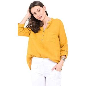 Bonateks Dames tuniek top 100% linnen gemaakt in Italië, blouse met Tunesische kraag met knoopsluiting en zakken aan de voorkant, oker, maat: XL, Oker, XL
