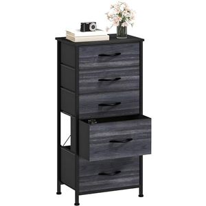 DWVO Kleine ladekast,Stoffen ladekast Slaapkamerkast met 5 laden,Dressoir voor slaapkamer, woonkamer met handgrepen, houten bovenkant en stevig stalen frame, zwarte houtnerf