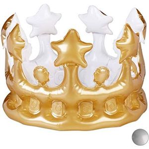 Relaxdays Opblaasbare kroon, kostuumaccessoires carnaval, accessoire voor prinses, koning, JGA, verjaardagskroon, plezier, goud