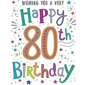 Modern Milestone Age Happy Birthday Card 80th - Regal Publishing, oranje|grijs|roze|groen, 8 x 6