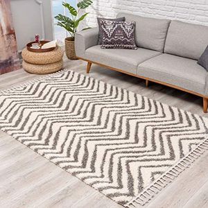 carpet city Tapijt hoogpolig woonkamer - Ethno Chevron Design 100x300 cm crème - tapijten met franjes