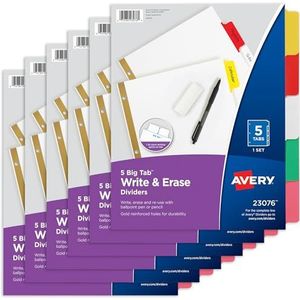 Avery 5-Tab Binder Dividers, schrijven en wissen veelkleurige grote tabbladen, 6 sets (23076)