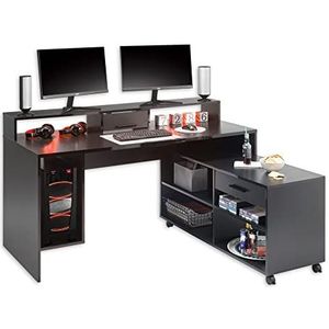 Highscore 3 Gaming tafel in zwart - gaming bureau met rolcontainer en ledverlichting - 160 x 92 x 70 cm (B x H x D)