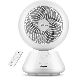 Midea MDF24JRW Tafelventilator, 28 dB, diameter 20 cm, voor luchtcirculatie, bereik 18 m, oscillatie 120 ° + 105 graden, 5 instelbare snelheden, timer 15 uur met afstandsbediening, voor slaapkamer en