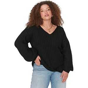 Trendyol Dames V-hals Plain Relaxed Plus Size Sweater Sweater, Zwart, XXL, Zwart, XXL