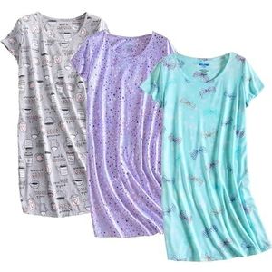 PNAEONG 3-pack katoenen nachtjapon nachtkleding korte mouwen shirt casual print sleepdress, Set 3, L