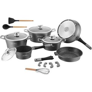 Royalty Professional RL-ES1014M Kookgerei Set van gegoten aluminium, anti-aanbaklaag, lavasteen, inductie- en gasdeksel, glazen deksel, inclusief gereedschap RL-ES1014M (zilver)