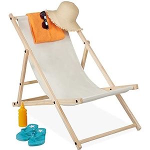 Relaxdays strandstoel hout, 3 standen, ligstoel met stof, inklapbaar & verstelbaar, tuin, strand & balkon, beige