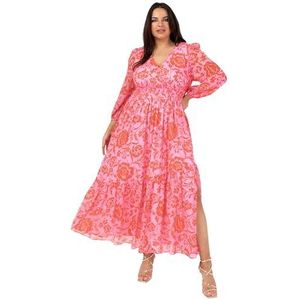 Lovedrobe Maxi-jurk voor dames, lange mouwen, V-hals, wrap voorkant, bloemenprint, A-lijn, elastische taille, roze, 42, roze, 42