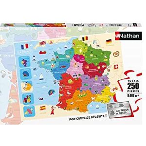 Nathan - Kinderpuzzel - 250 stukjes - Kaart van Frankrijk - Meisjes of jongens vanaf 8 jaar - Hoogwaardige puzzel - dik en duurzaam karton - cartografie - 86875
