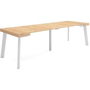 Skraut Home Uittrekbare consoletafel, eettafel, inklapbaar, 260, voor 12 personen, houten poten, moderne stijl, eiken