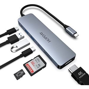 HOPDAY 7-in-1 USB C hub-adapter, dual monitor HDMI 4K, 100W PD, USB 3.0 A & C, SD/TF-kaartlezer, docking station voor MacBook Pro/Air, HP, Dell, Surface