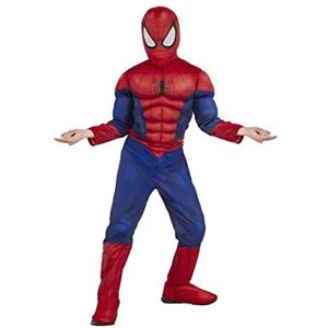 RUBIES SPIDER-MAN Officieel Marvel luxe Spider-Man-kostuum voor kinderen, maat 7-8 jaar, kostuum met gevoerde spieren + bivakmuts klittenbandsluiting + geïntegreerde laarzenafdekking