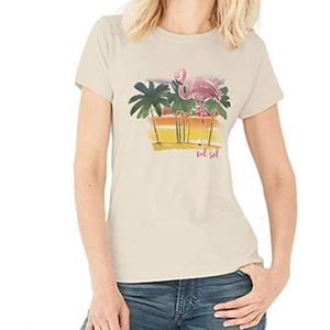 Del Sol Dames Boyfriend Tee - Aquarel Flamingo, natuurlijk T-shirt - Veranderingen van roze & zwart in levendige kleuren in de zon - 100% gekamd, ringgesponnen katoen, fijne jersey - maat M