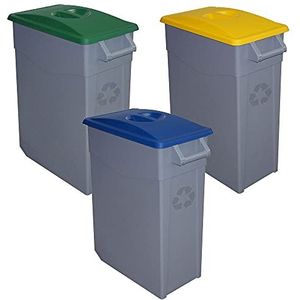 Denox PK3351 recyclingset Zeus 65 liter gesloten c/u: in totaal 195 liter in 3 containers, in de kleuren blauw/groen/geel
