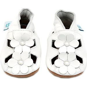Dotty Fish zachte lederen baby sandalen met suede zolen. Peuter sandalen. Meisjes. Witte bloemen. 0-6 maanden (17 EU)