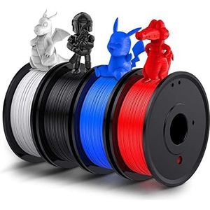 HZHNS ES-PLA,PLA-filament, 1,75 mm, 1 kg (250 gx 4), PLA 3D-printer met 4 kleuren (zwart, wit, blauw, rood), emissietolerantie +/- 0,02 mm,zwart, rood, wit, blauw