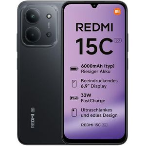 Xiaomi REDMI 15C 5G, Smartphone 4+128GB, 6,9"" 120Hz Display, MediaTek Dimensity 6300-processor 6nm Octa-core, 50MP AI Dual Camera, 6000mAh, Midnight Black, Oplader niet inbegrepen