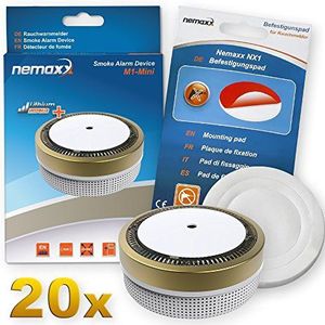 20x Nemaxx M1 Mini rookmelder - gevoelige, foto-elektrische rookmelder met lithiumbatterij type DC3V volgens DIN EN14604 & VDs - goud + NX1 bevestigingspad