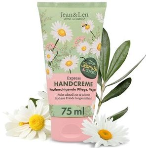 Jean & Len Handcrème Kamille & Olijfolie, veganistische verzorgingsformule met biologische kamillebloemextract & olijfolie, kalmerend voor de huid, trekt snel in, zonder parabenen & siliconen, 75 ml