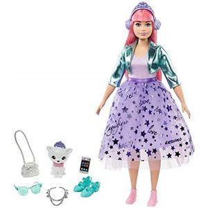 Barbie Princess Adventure Daisy Pop in Prinsessenoutfit (ruim 30 cm, maatje meer) met Roze Haar, Kitten, Diadeem, 2 Paar Schoenen en Accessoires, voor Kinderen van 3 - 7 Jaar