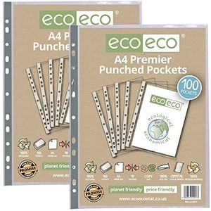 eco-eco A4 100% gerecyclede Premier Multi geperforeerde zakken glas helder, transparant poly portemonnee sheet protector, 90 micron (2 verpakkingen van 100), eco057x2